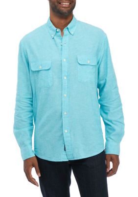 Crown & Ivy Men's Long Sleeve Woven Linen Cotton Button Up Shirt, Azure, Medium