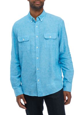 Crown & Ivy Men's Long Sleeve Woven Linen Cotton Button Up Shirt, Medium