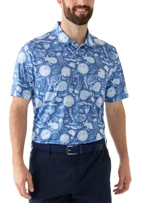 Crown & Ivy Men's Short Sleeve Floral Printed Polo Shirt, Blue, Small