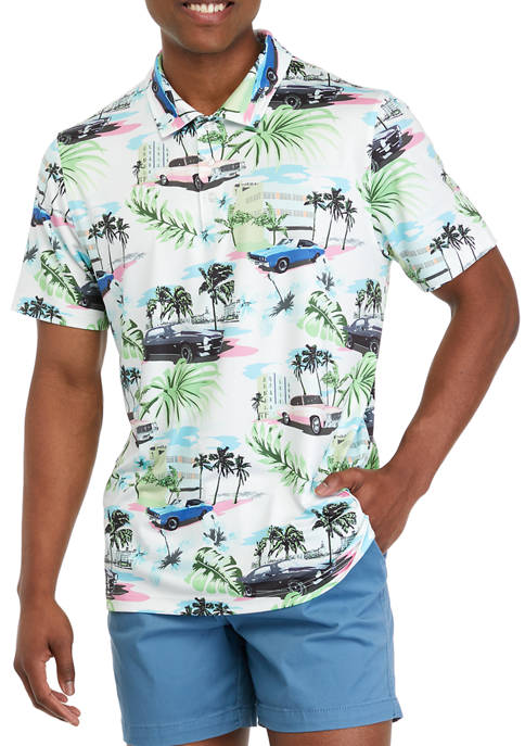Short Sleeve Tropical Print Polo Shirt 