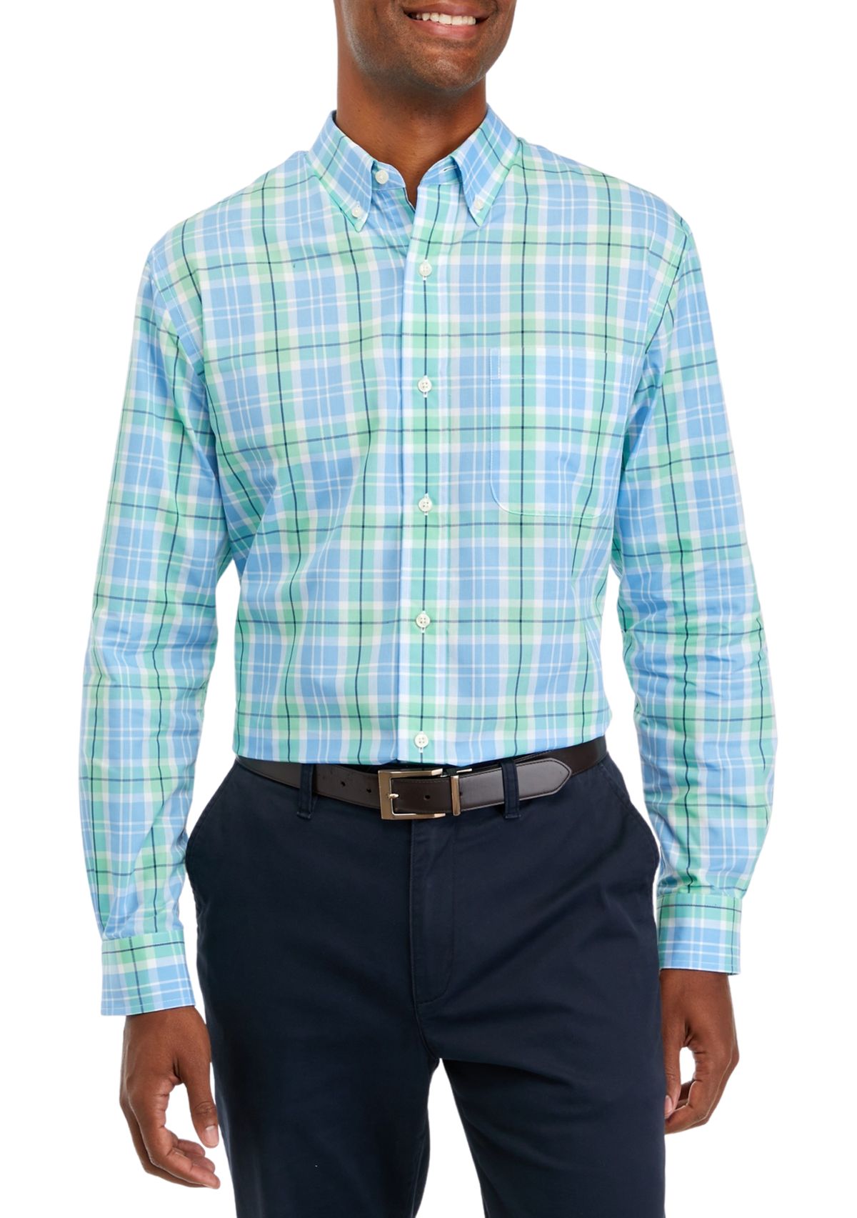 Mens Long Sleeve Woven Easy Care Plaid Shirt