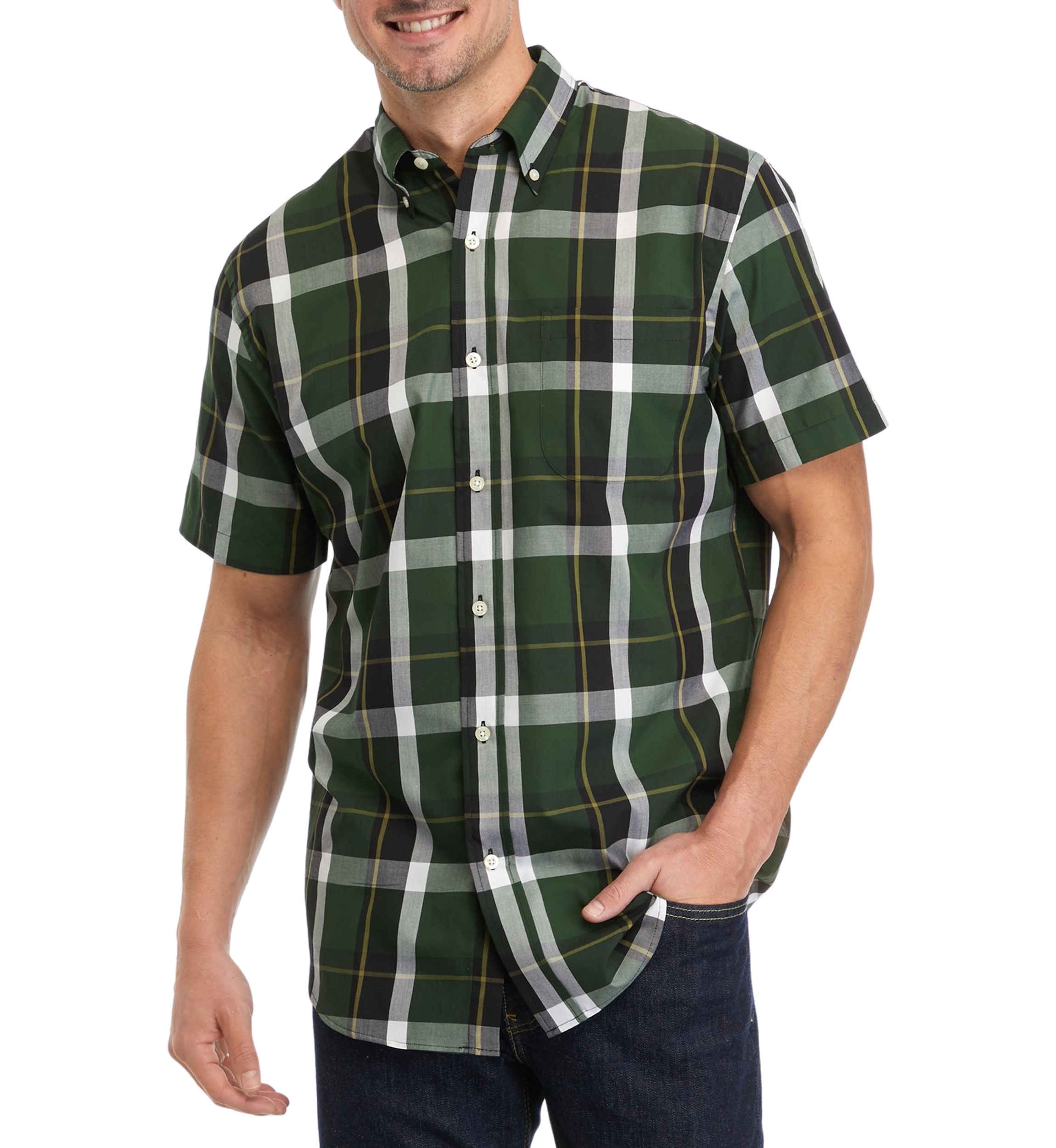 Short Sleeve Woven Easy Care Plaid Button Down Shirt
