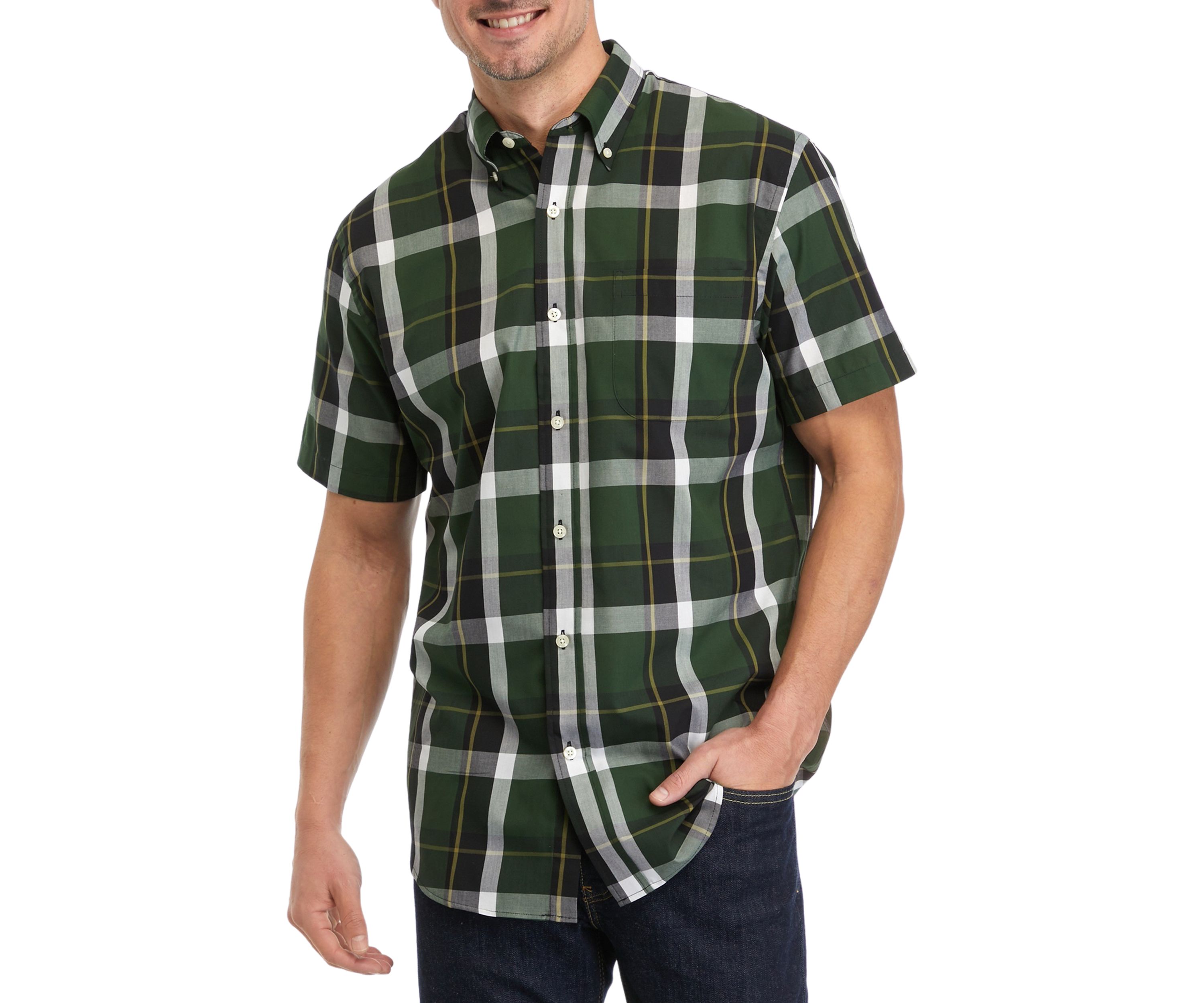 Short Sleeve Woven Easy Care Plaid Button Down Shirt