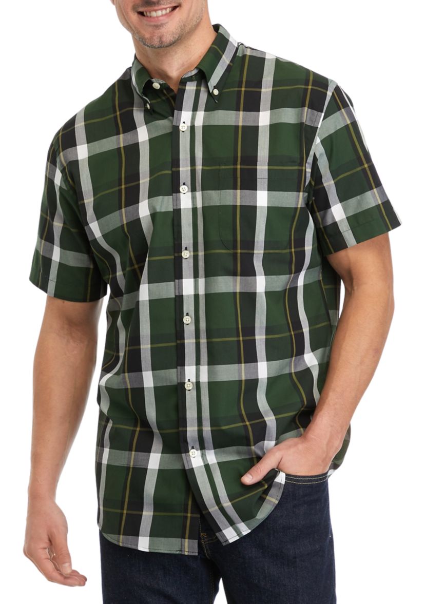 Short Sleeve Woven Easy Care Plaid Button Down Shirt