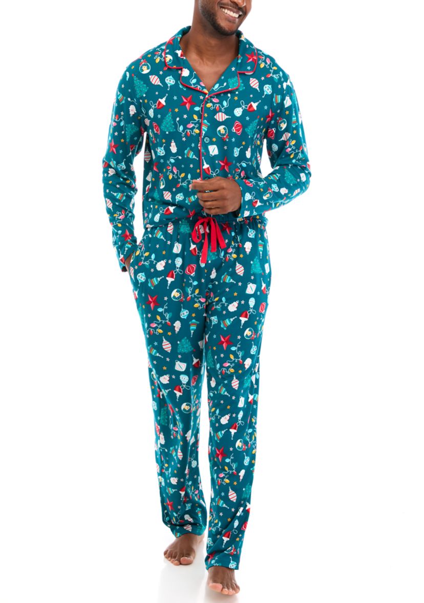 Mens Holiday Lights Long Sleeve Notch Pajama Set