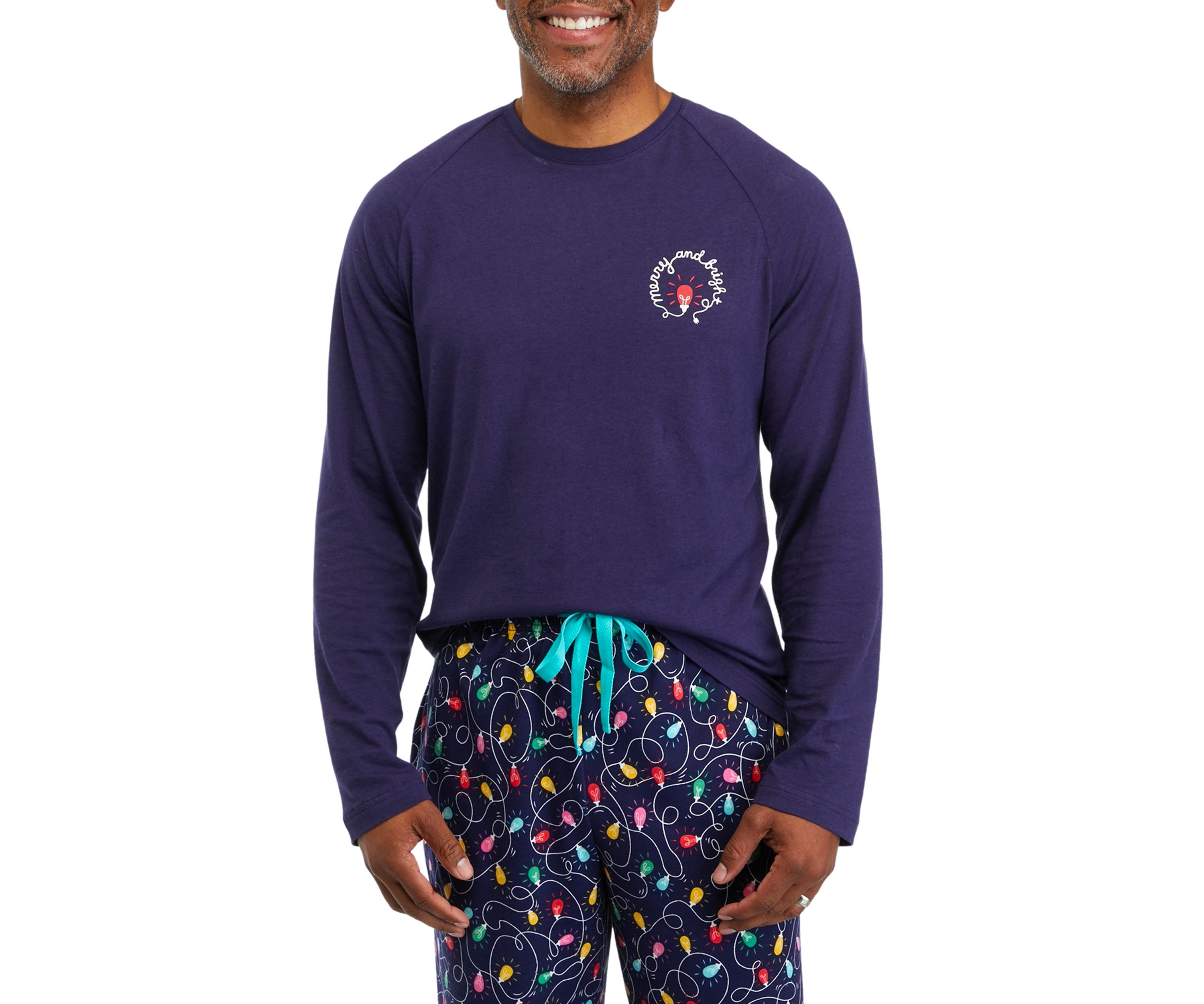 Mens Navy Lights Long Sleeve Crew Neck Sleep Shirt