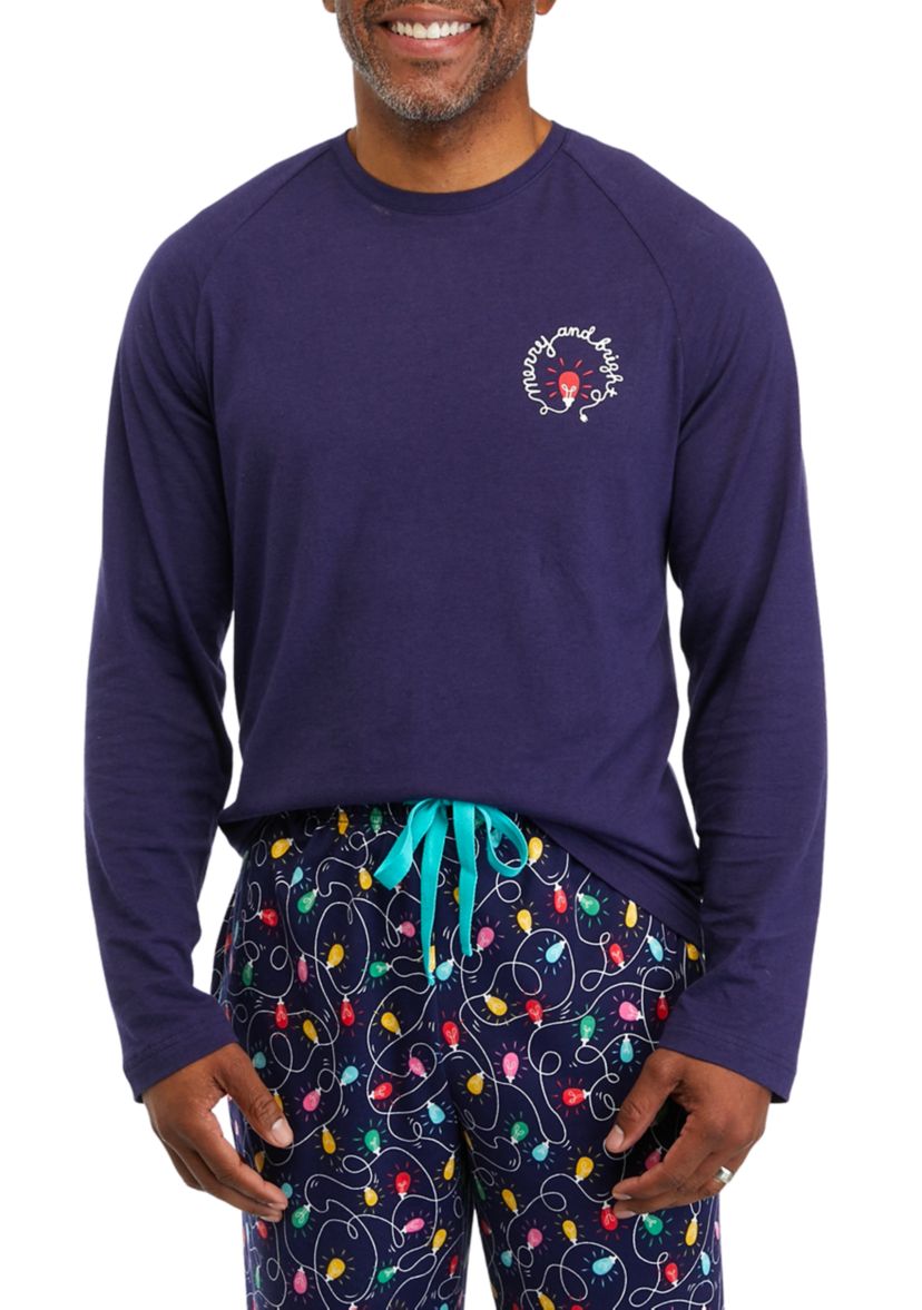 Mens Navy Lights Long Sleeve Crew Neck Sleep Shirt