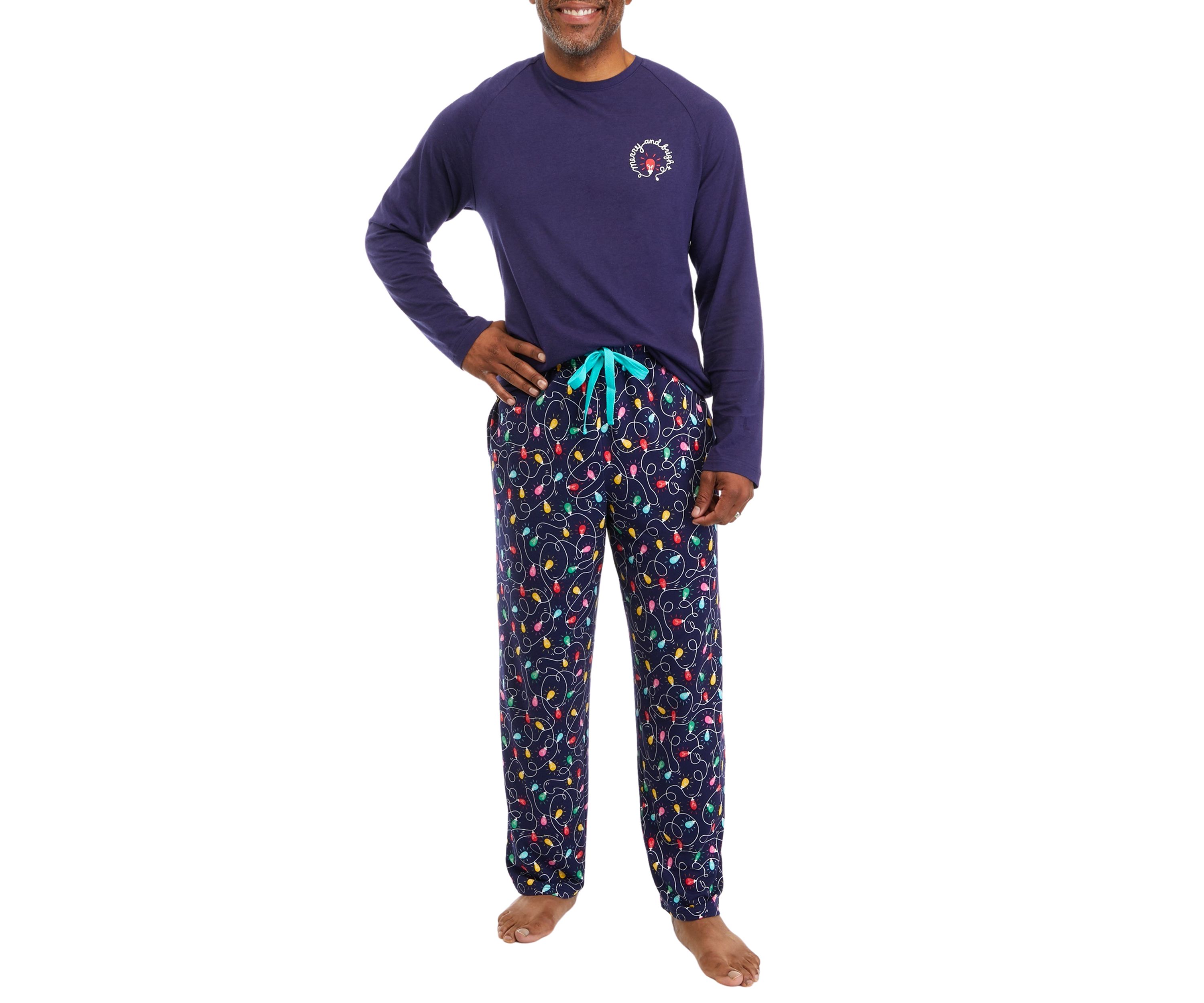 Mens Navy Lights Long Sleeve Crew Neck Sleep Shirt