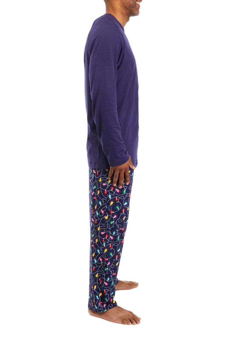 Mens Navy Lights Long Sleeve Crew Neck Sleep Shirt