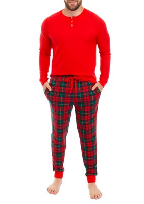 Men's Vintage Red Plaid Long Sleeve Henley Pajama Top