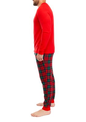 Men's Vintage Red Plaid Long Sleeve Henley Pajama Top