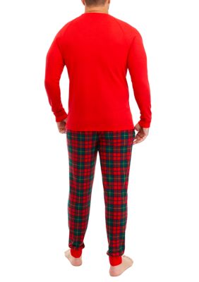 Men's Vintage Red Plaid Long Sleeve Henley Pajama Top