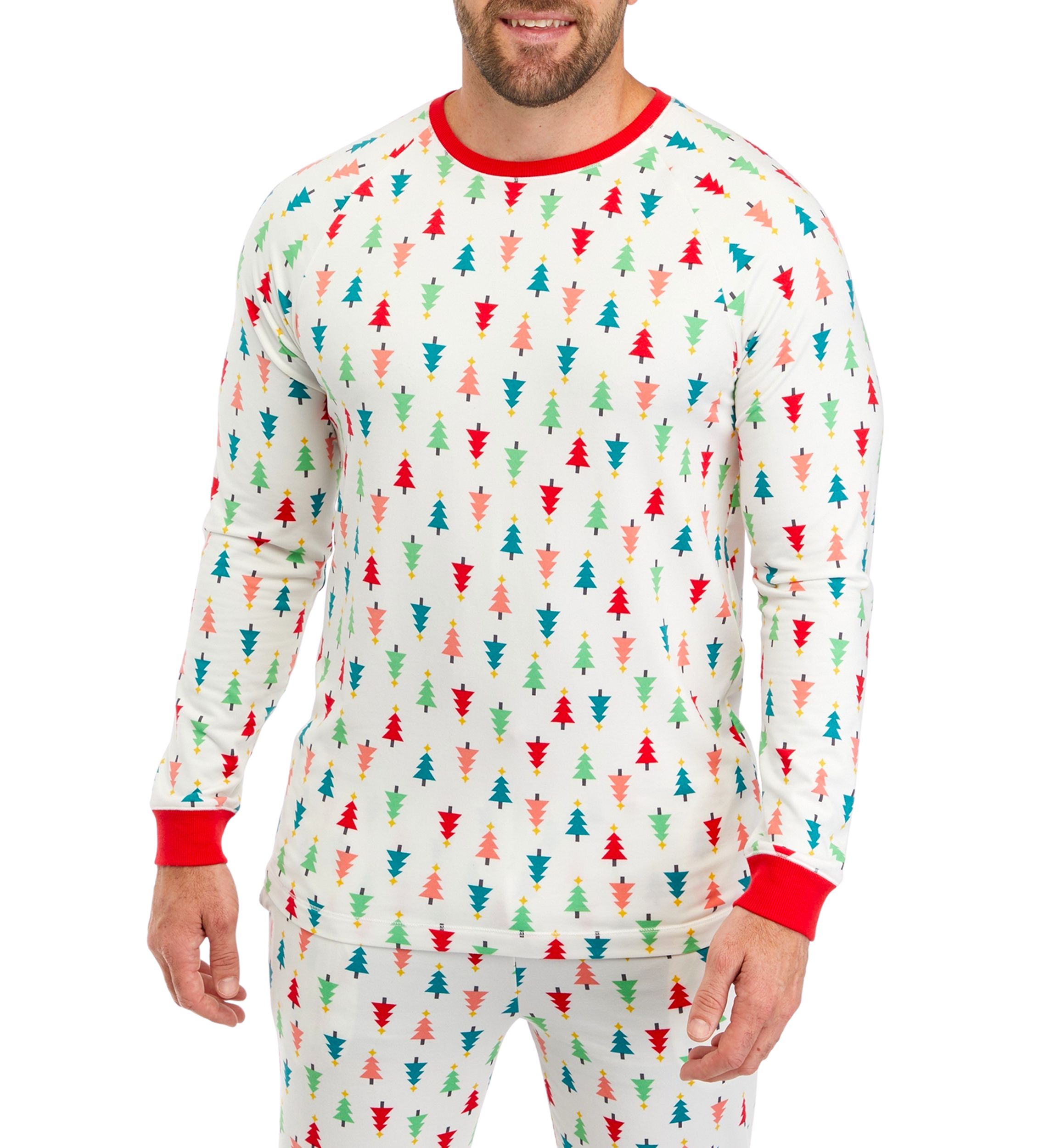Mens Merry Multi Trees Long Sleeve Crew Neck Pajama Top