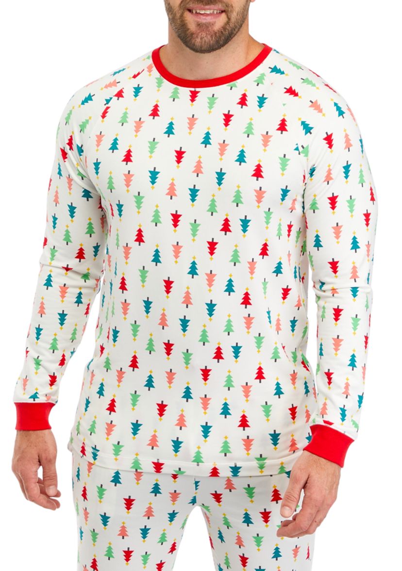 Mens Merry Multi Trees Long Sleeve Crew Neck Pajama Top