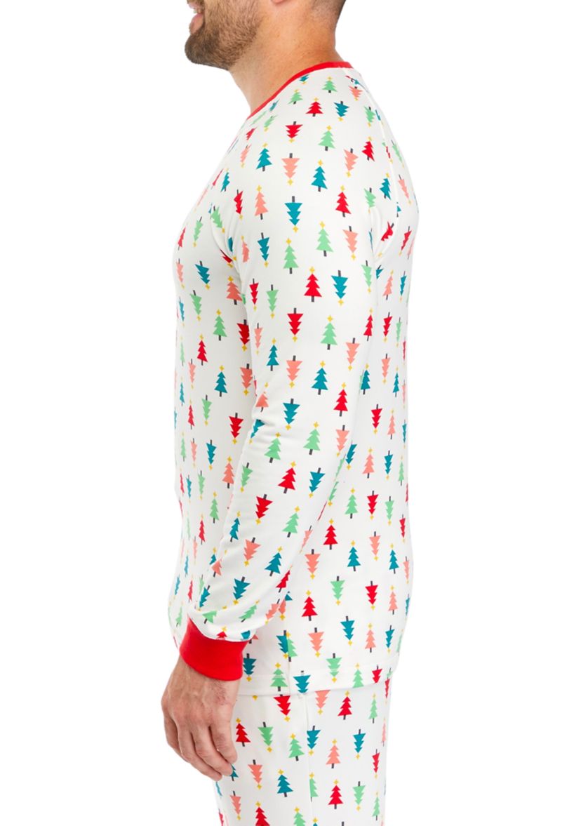 Mens Merry Multi Trees Long Sleeve Crew Neck Pajama Top