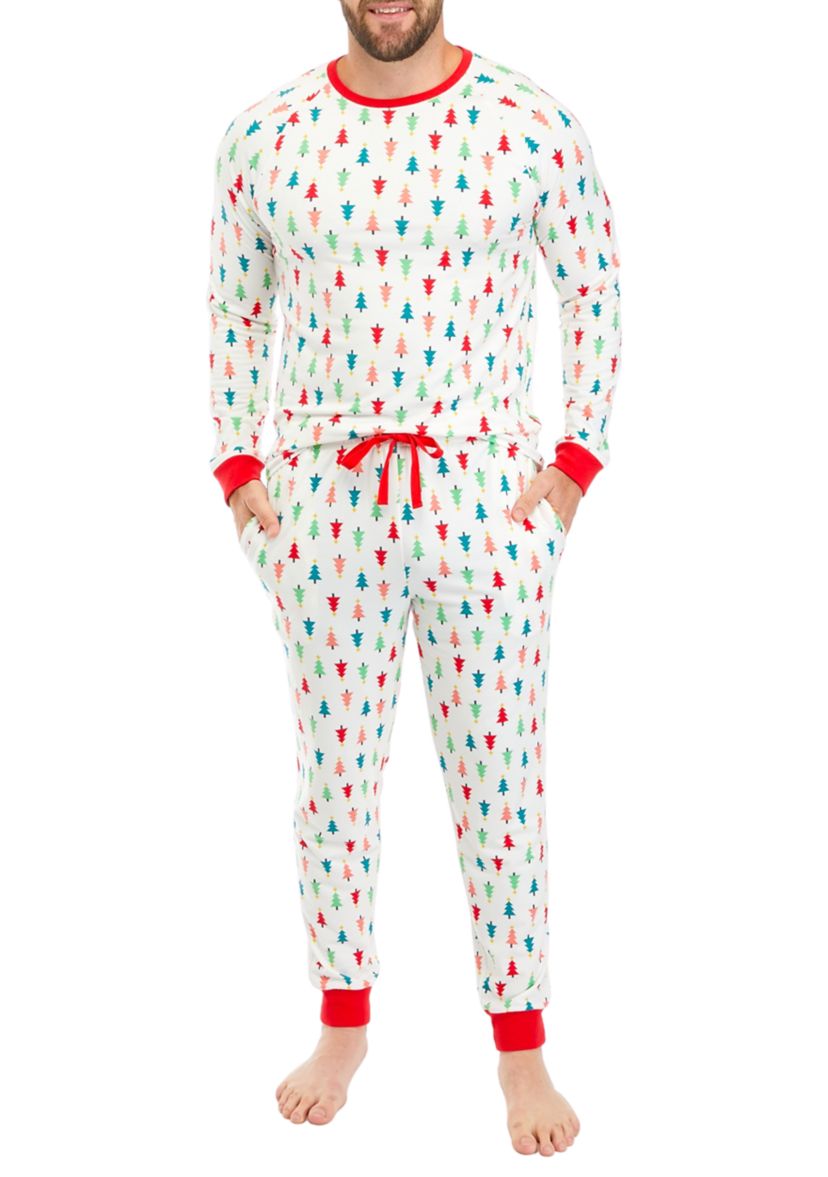 Mens Merry Multi Trees Long Sleeve Crew Neck Pajama Top