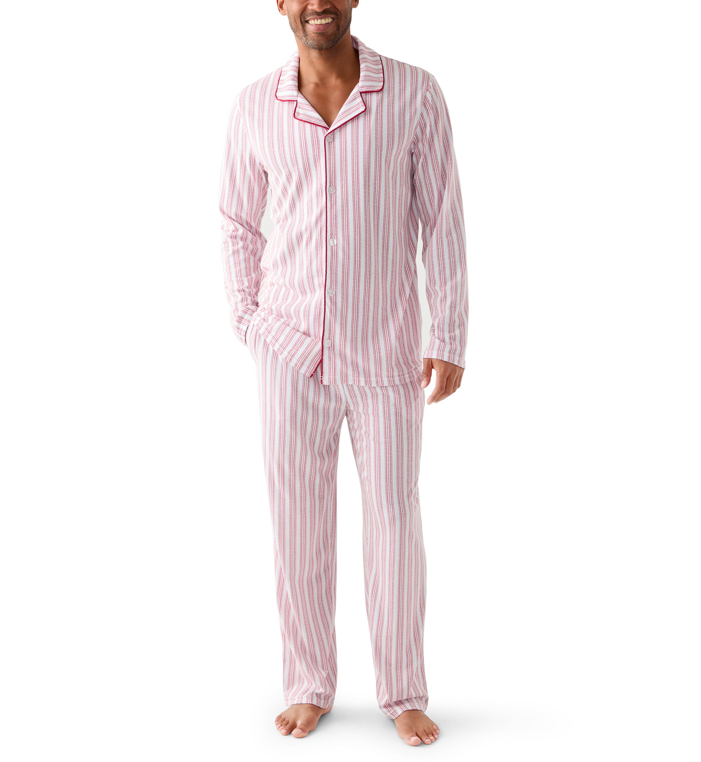Mens Red Striped Notched Collar Pajama Set