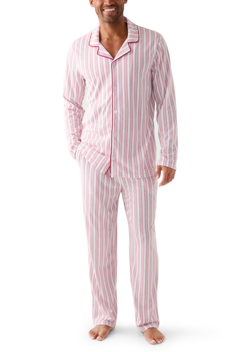 Mens Red Striped Notched Collar Pajama Set