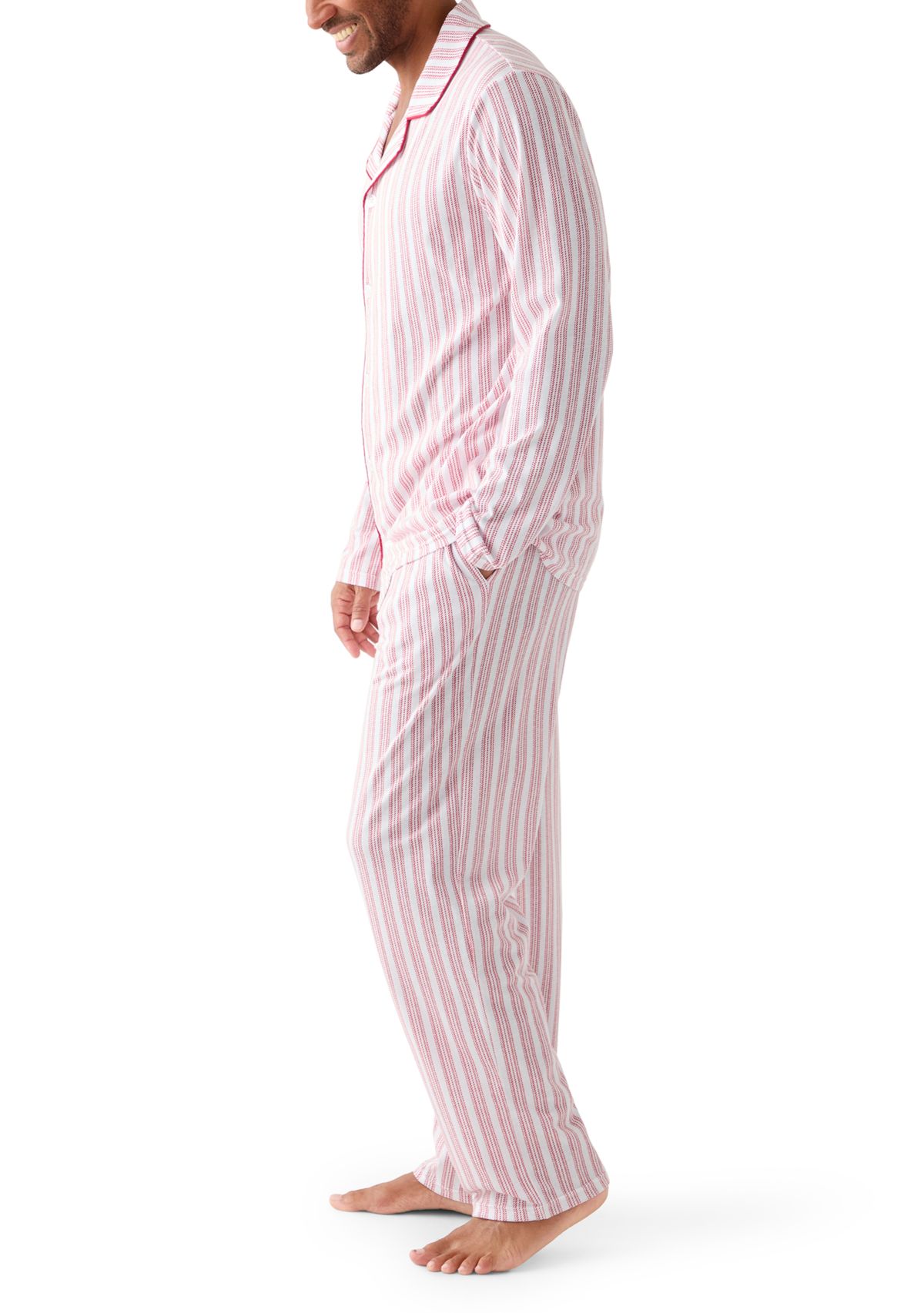 Mens Red Striped Notched Collar Pajama Set