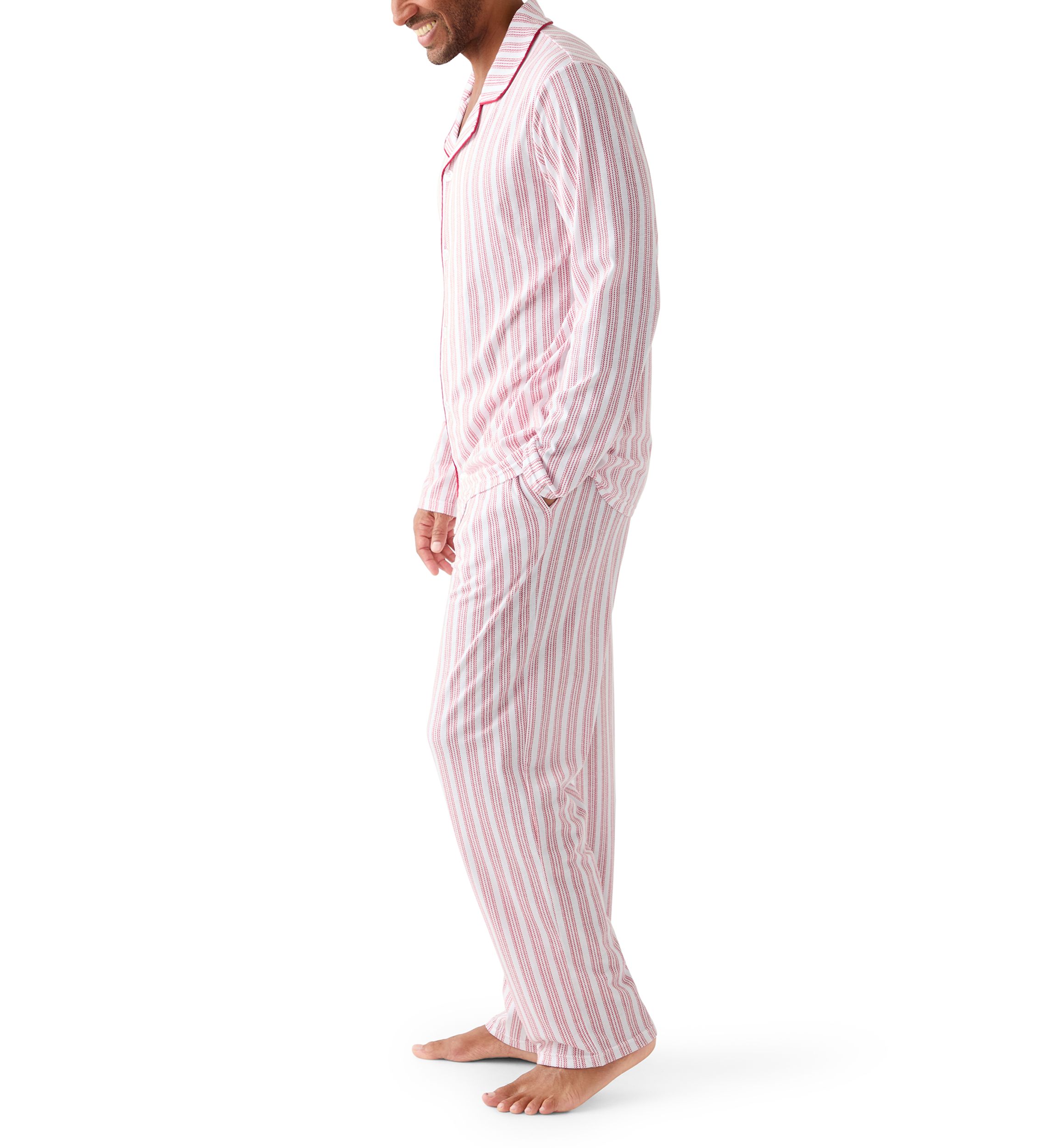 Mens Red Striped Notched Collar Pajama Set