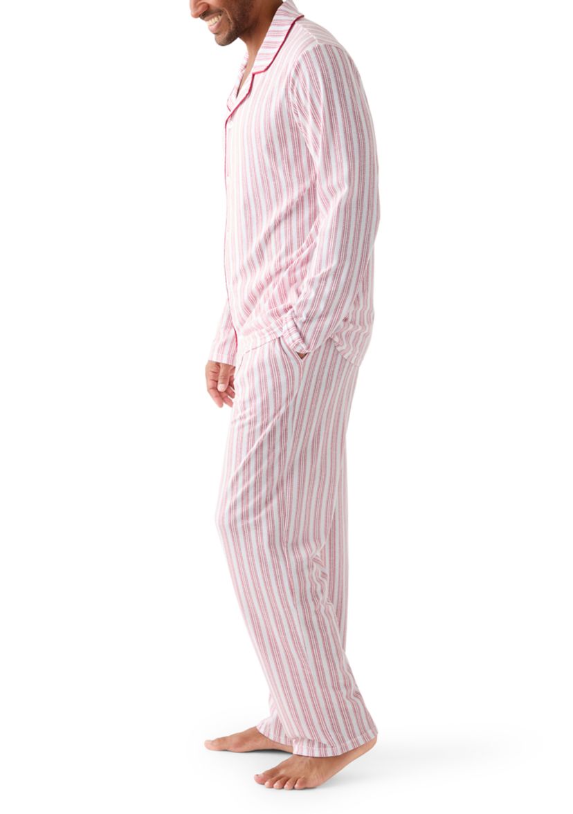 Mens Red Striped Notched Collar Pajama Set