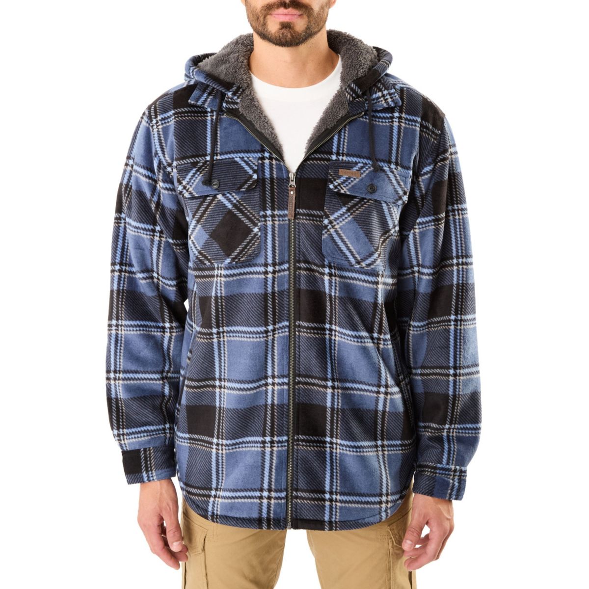 Sherpa-Lined Zip-Front Hooded Microfleece Shirt-Jacket