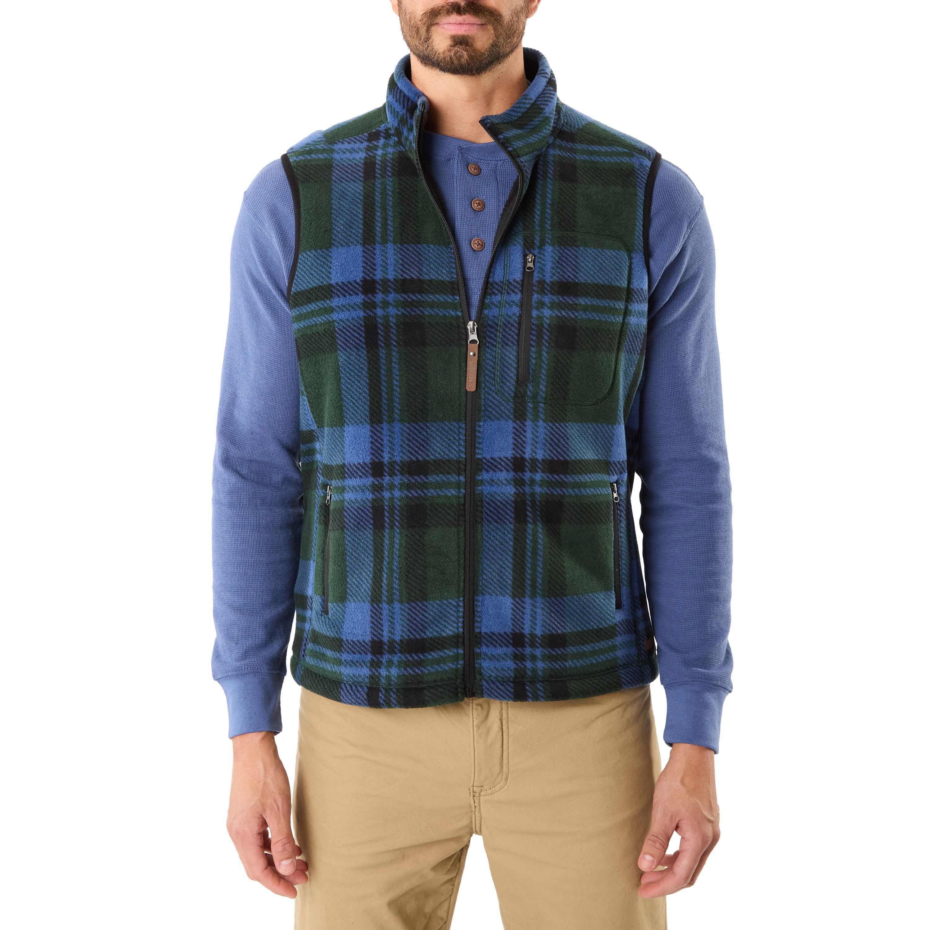 Sherpa-Lined Plaid Micro Polarfleece Vest With Zip Pockets