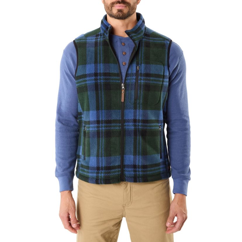 Sherpa-Lined Plaid Micro Polarfleece Vest With Zip Pockets