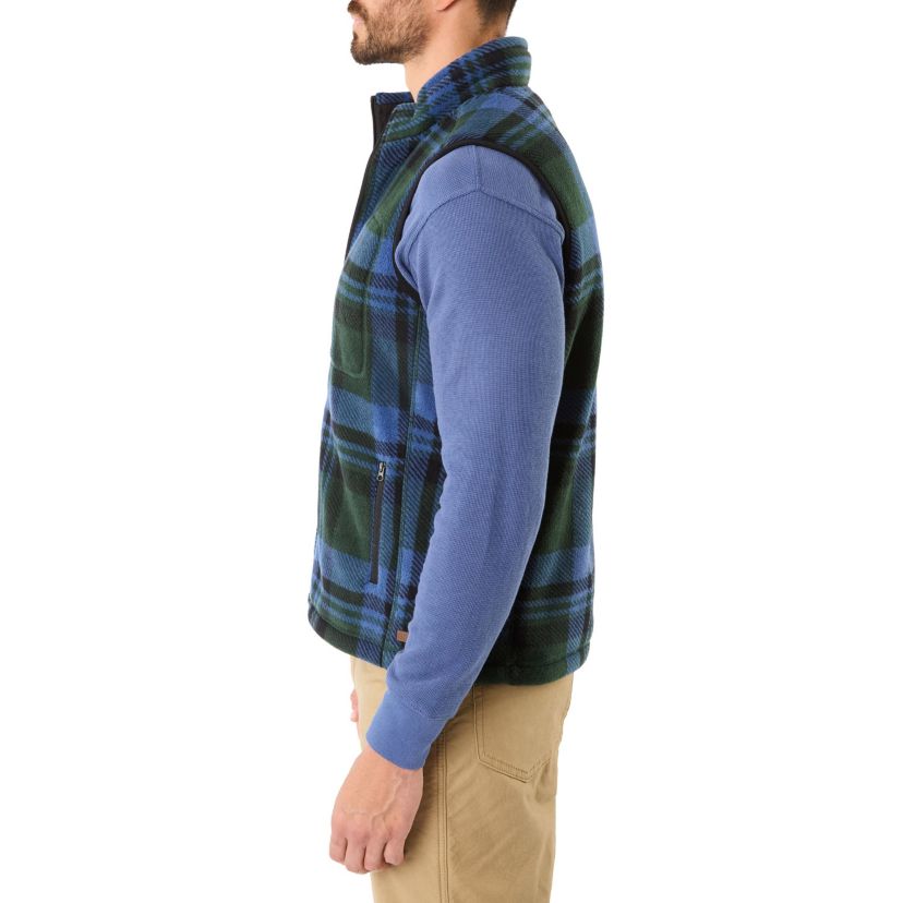 Sherpa-Lined Plaid Micro Polarfleece Vest With Zip Pockets