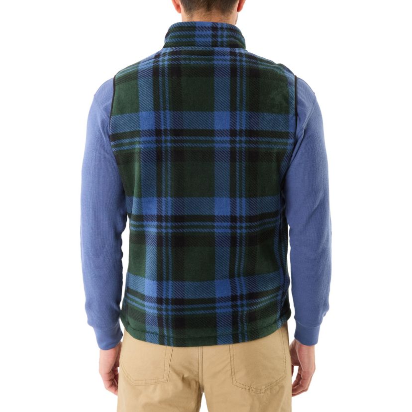 Sherpa-Lined Plaid Micro Polarfleece Vest With Zip Pockets