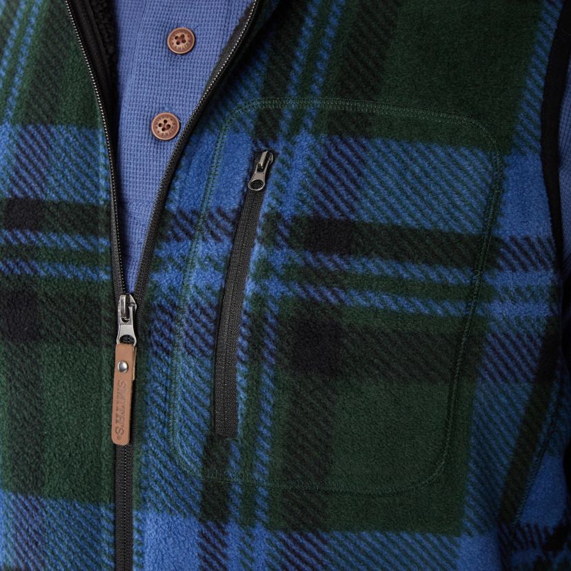 Sherpa-Lined Plaid Micro Polarfleece Vest With Zip Pockets