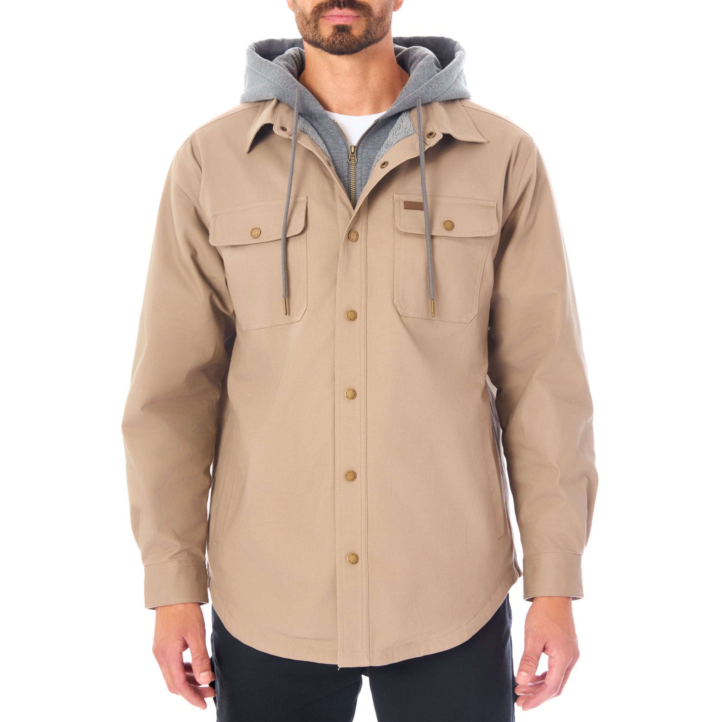 Sherpa-Lined Hooded Stretch-Canvas Snap Shirt-Jacket