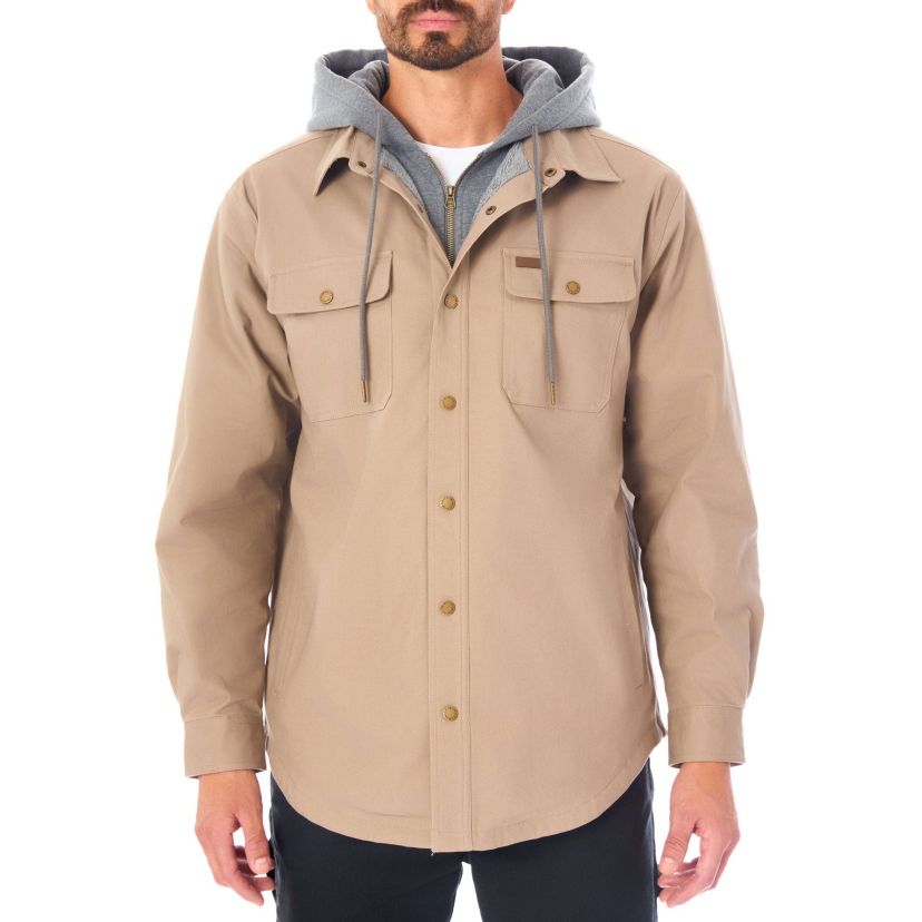 Sherpa-Lined Hooded Stretch-Canvas Snap Shirt-Jacket