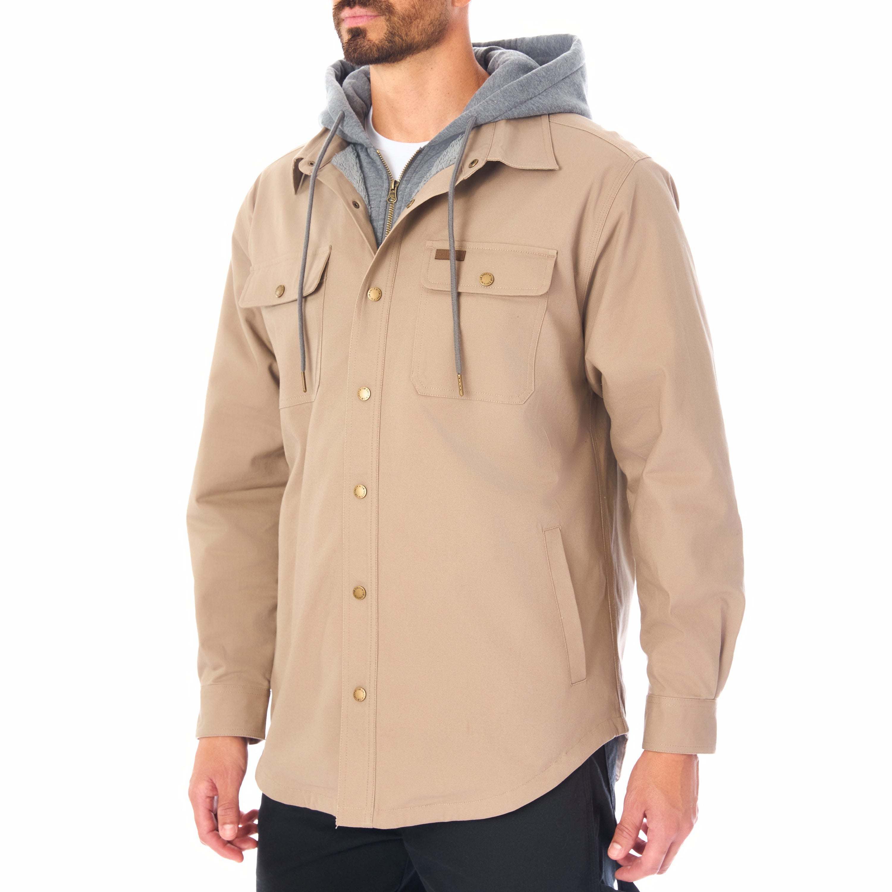 Sherpa-Lined Hooded Stretch-Canvas Snap Shirt-Jacket