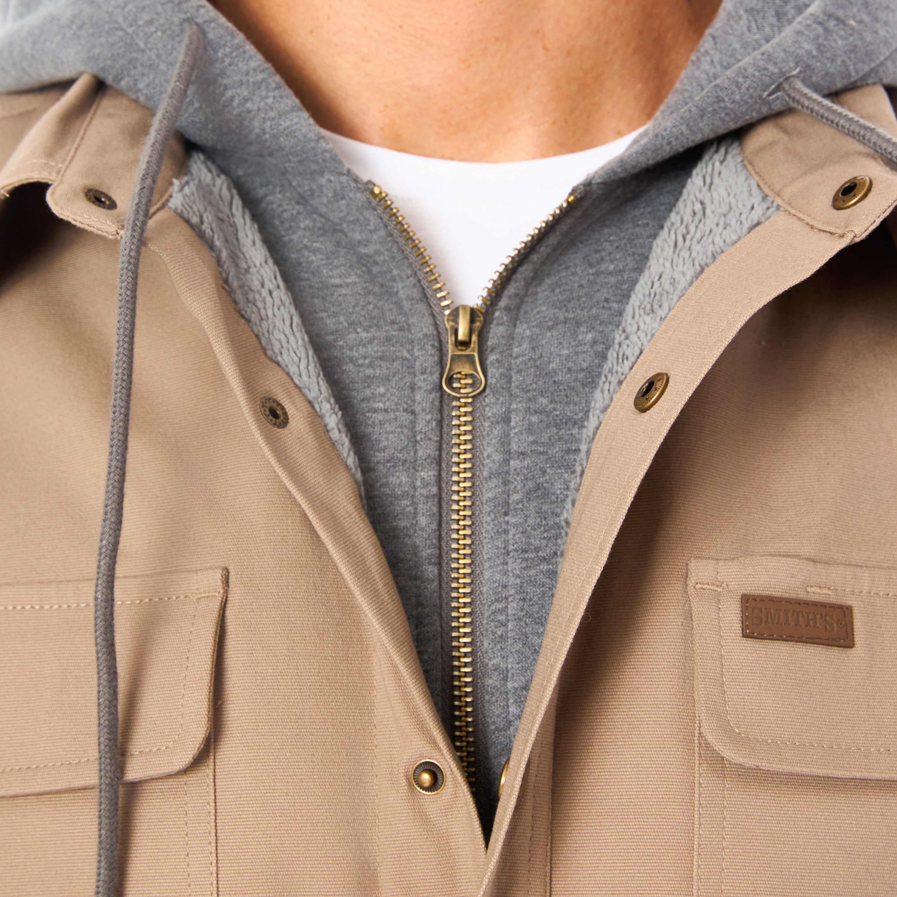 Sherpa-Lined Hooded Stretch-Canvas Snap Shirt-Jacket