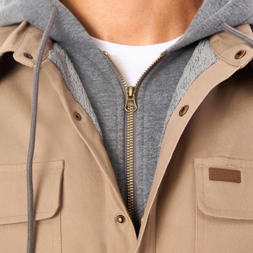 Sherpa-Lined Hooded Stretch-Canvas Snap Shirt-Jacket