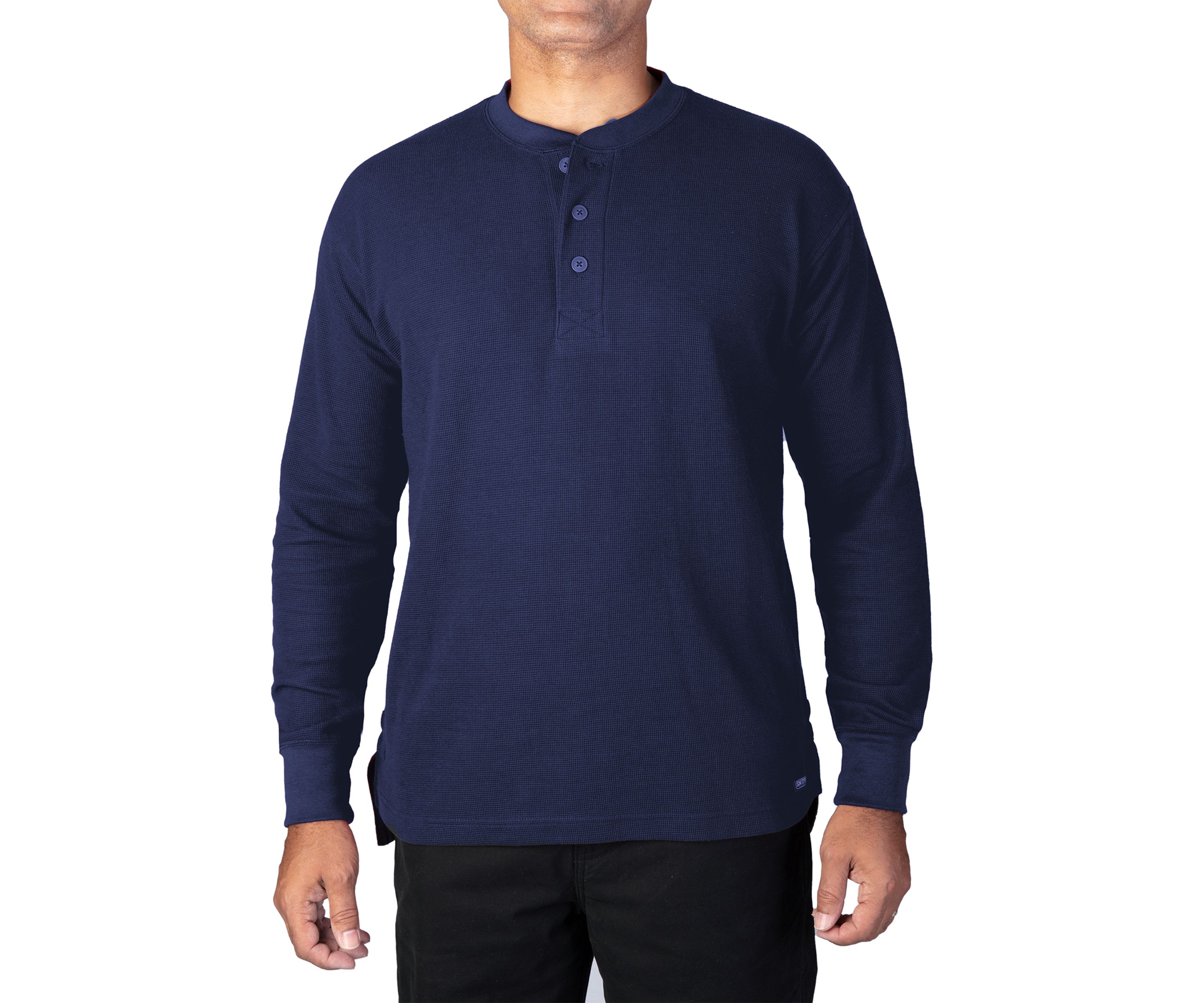 Extended Tail Mini-Thermal Knit Henley Pullover with Gusset