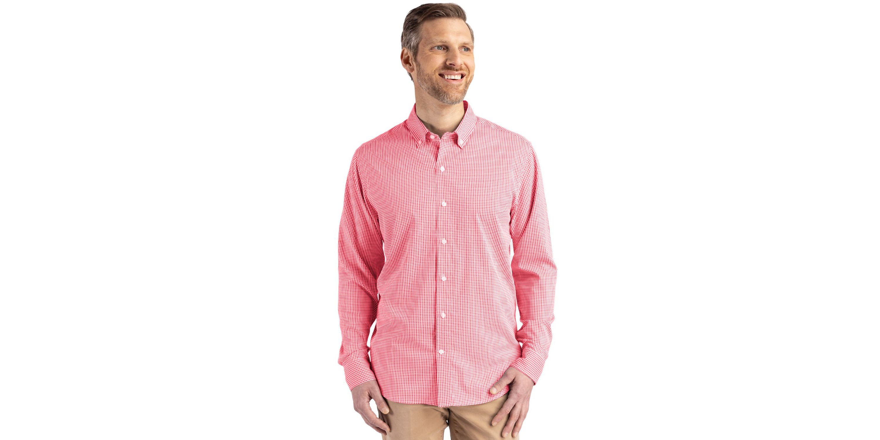 Cutter & Buck Skyline Epic Confidence Recycled Gingham Mens Big & Tall Long Sleeve Dress Shirt