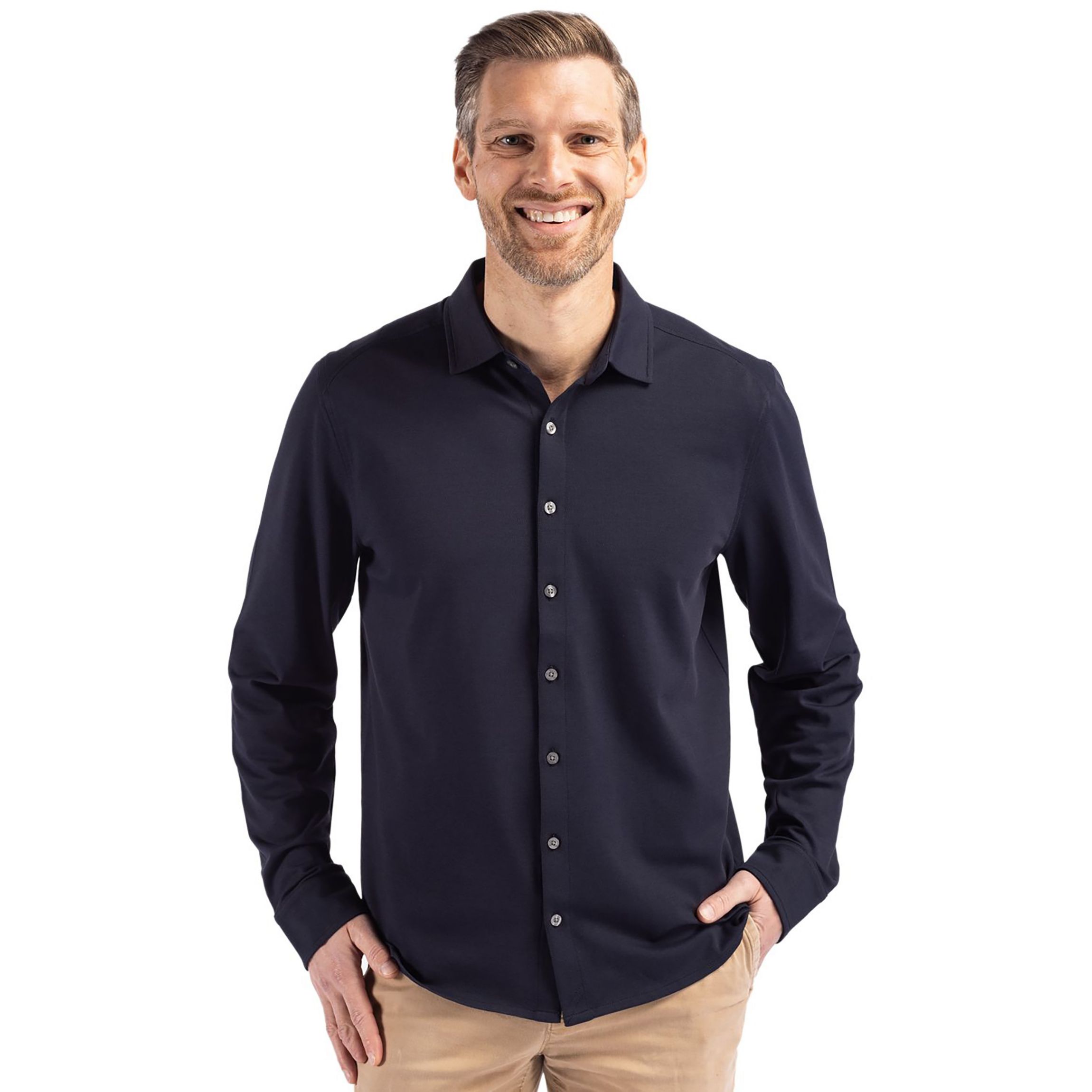 Cutter & Buck Advantage Tri-Blend Eco Soft Pique Long Sleeve Knitted Mens Button Down