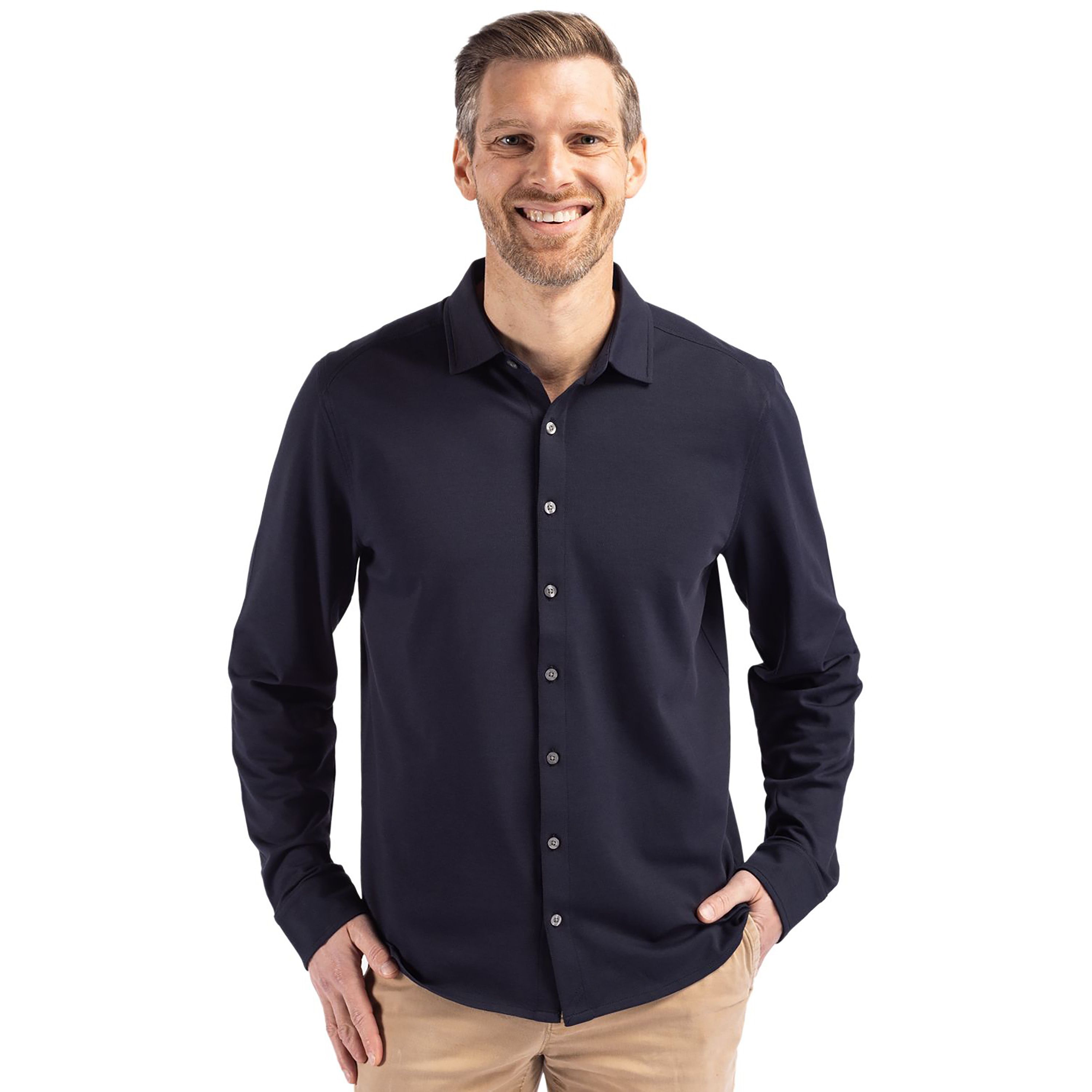 Cutter & Buck Advantage Tri-Blend Eco Soft Pique Long Sleeve Knitted Mens Button Down