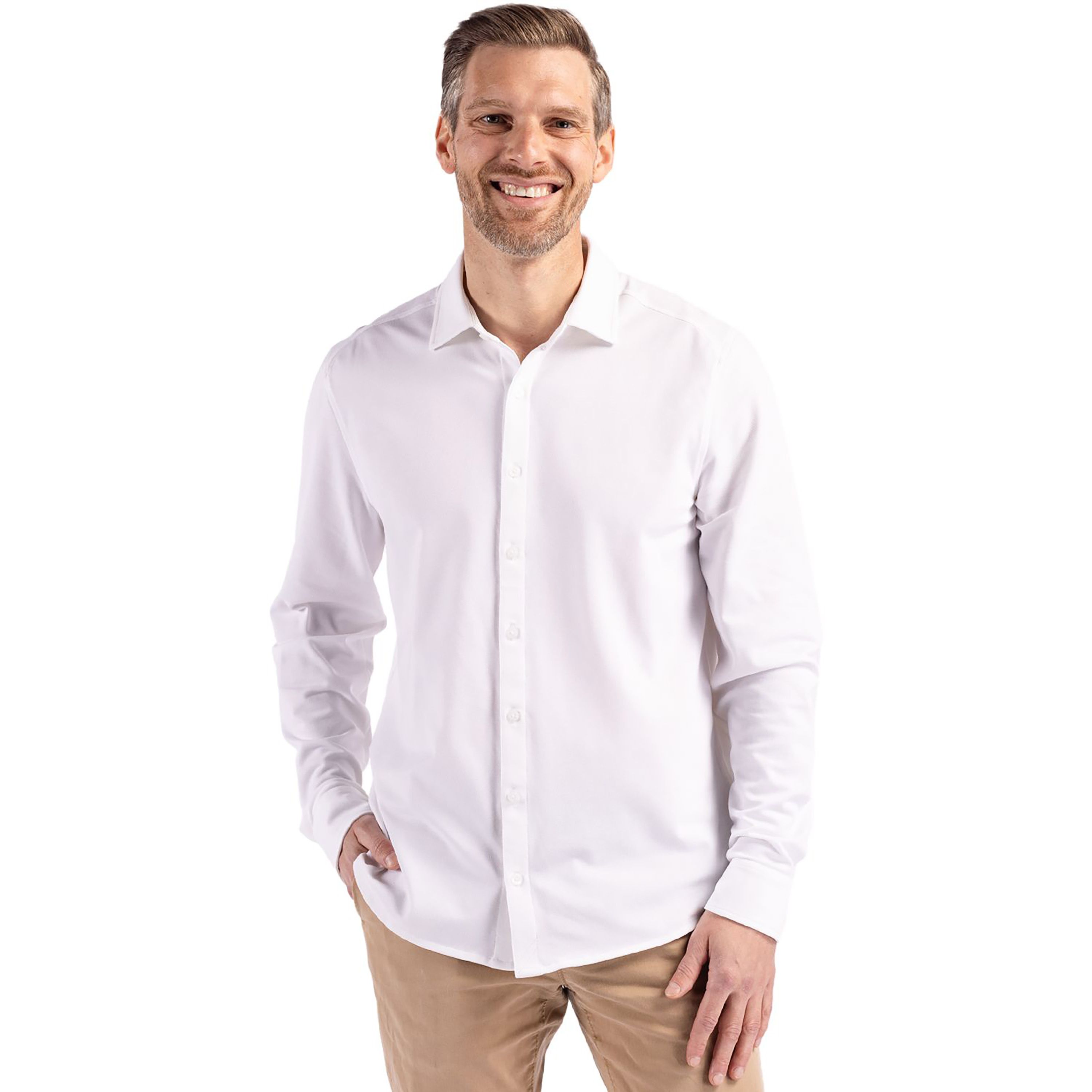 Cutter & Buck Advantage Tri-Blend Eco Soft Pique Long Sleeve Knitted Mens Button Down