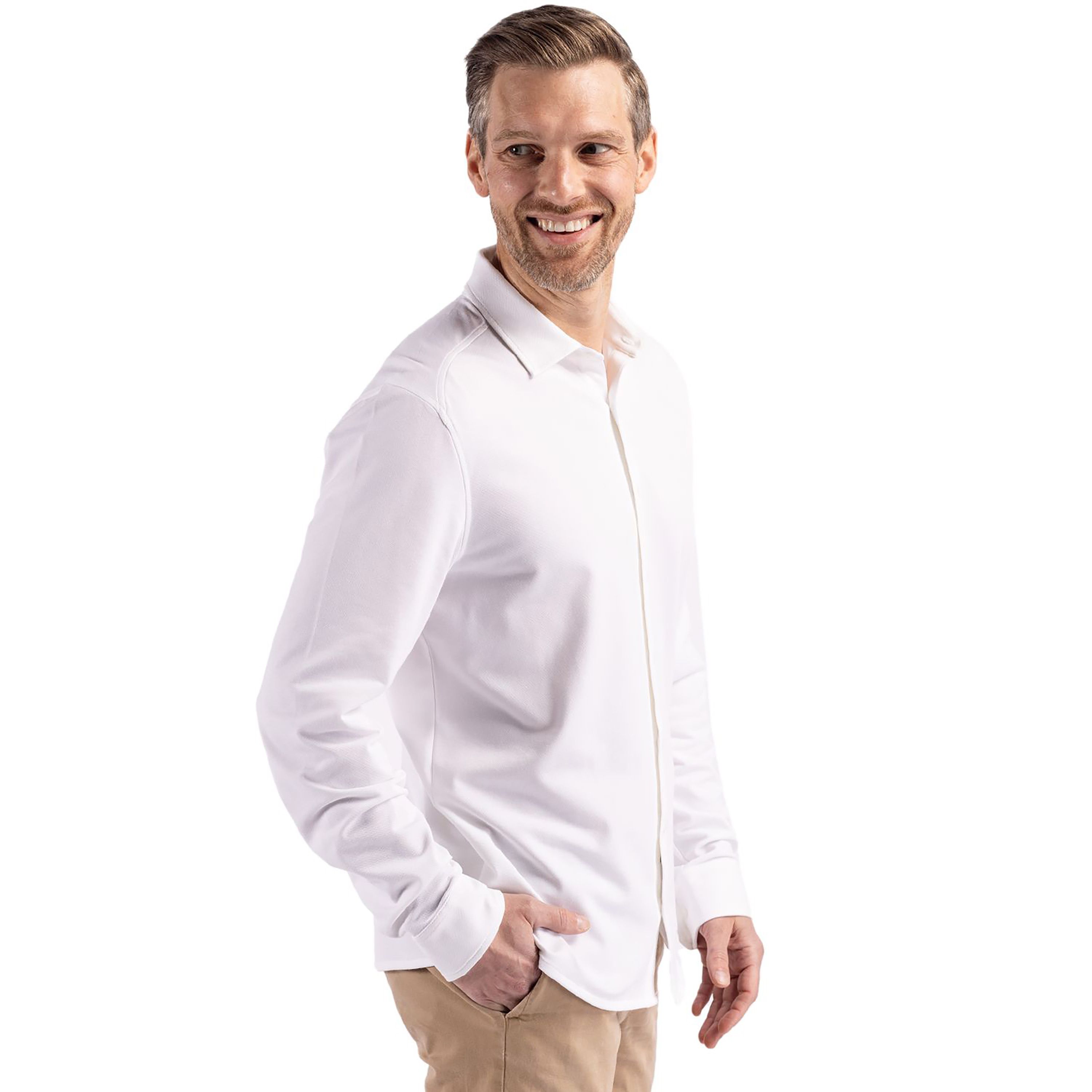 Cutter & Buck Advantage Tri-Blend Eco Soft Pique Long Sleeve Knitted Mens Button Down