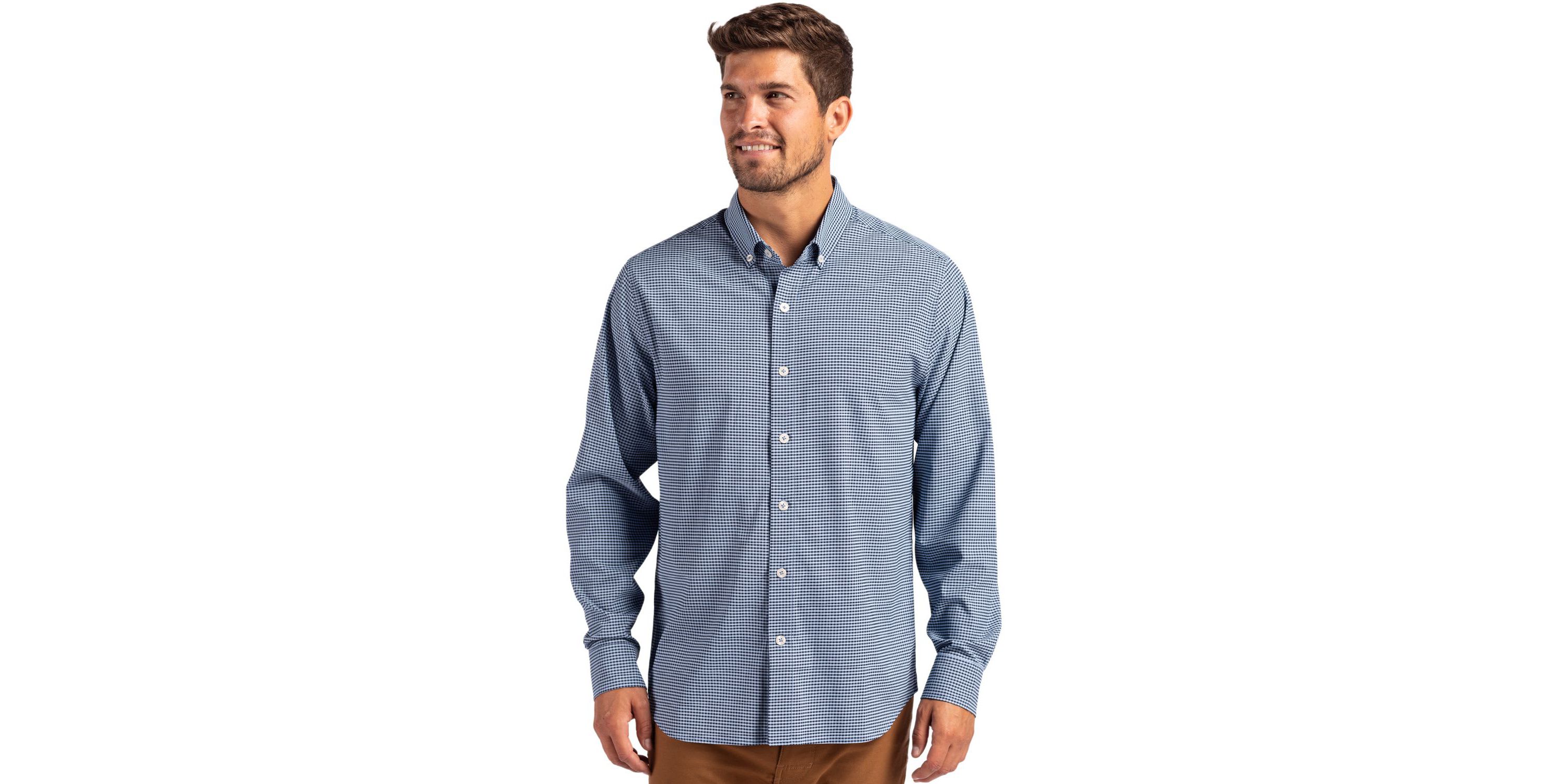Cutter & Buck Skyline Epic Confidence Recycled Gingham Mens Long Sleeve Dress Shirt