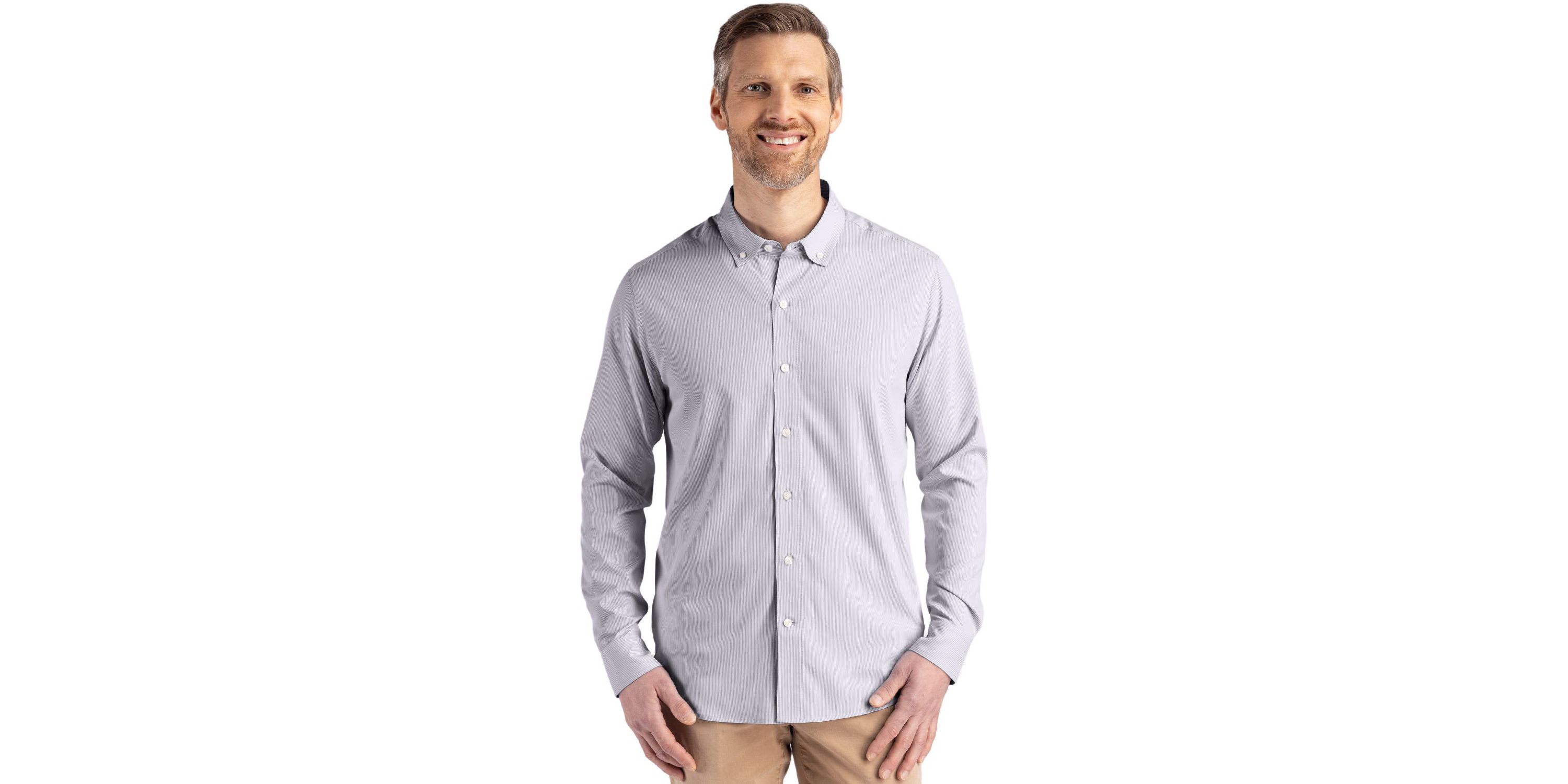 Cutter & Buck Skyline Epic Confidence Recycled Pinstripe Mens Long Sleeve Dress Shirt