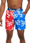 Printed Color Block Red and Blue Hawaiian Swim Trunks