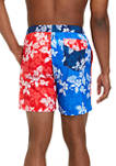 Printed Color Block Red and Blue Hawaiian Swim Trunks