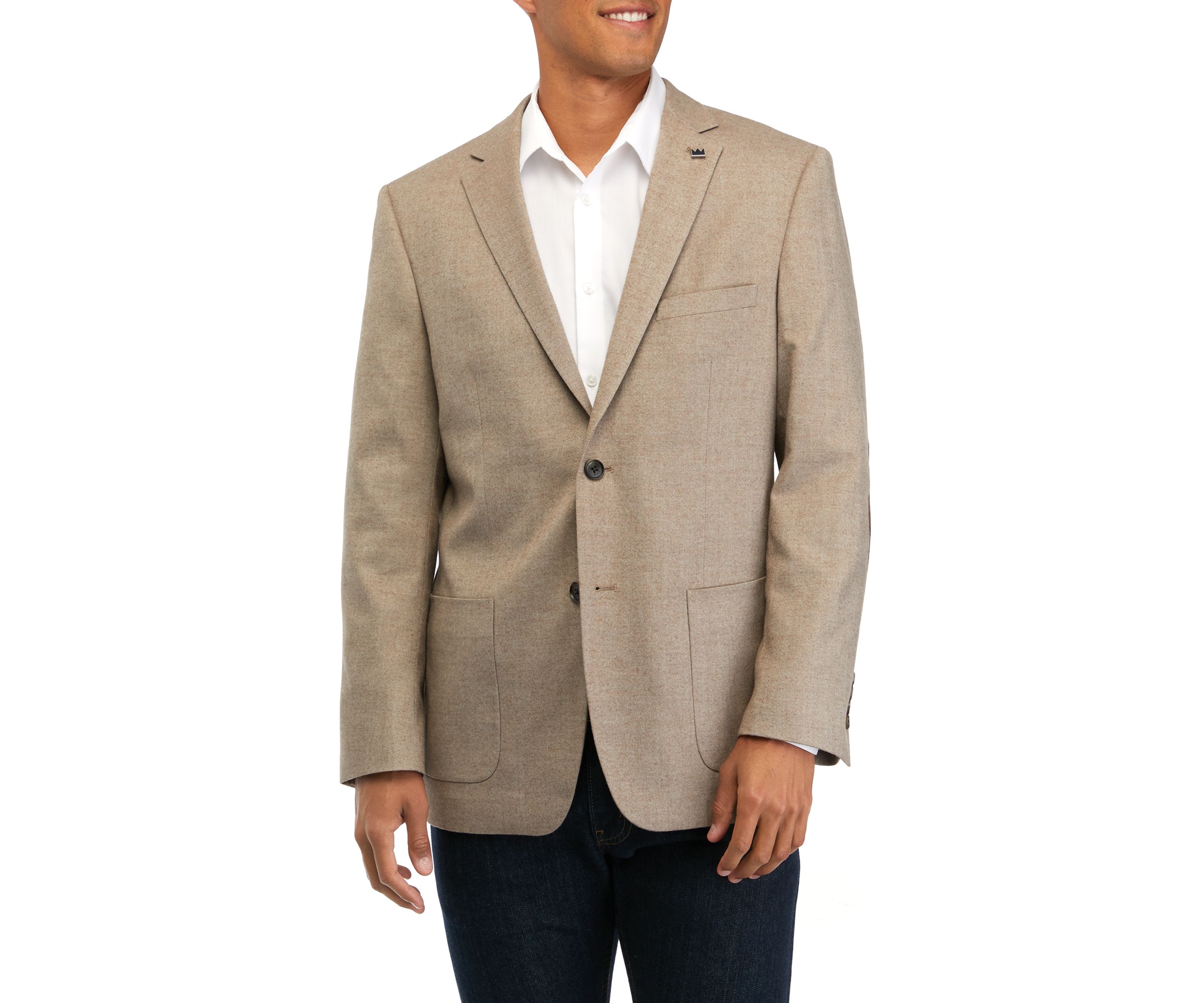 Tan Solid Twill Sport Coat with Faux Suede Elbow Patch