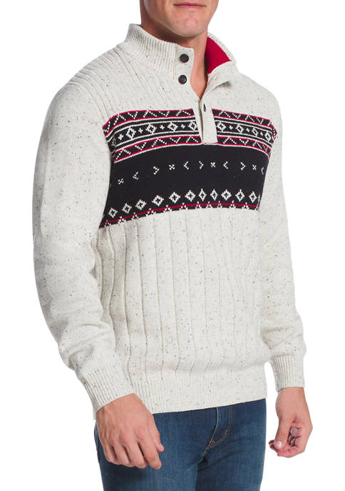 Chaps Intarsia Knit Buttoned Mock Neck Sweater