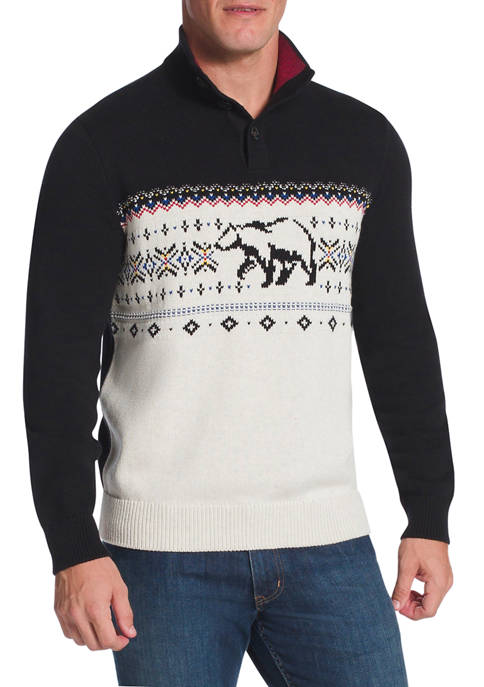 Chaps Bear Buttoned Mock Neck Sweater
