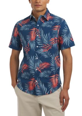 Chaps Men's Short Sleeve Print Linen Shirt, Navy Blue, 2XL